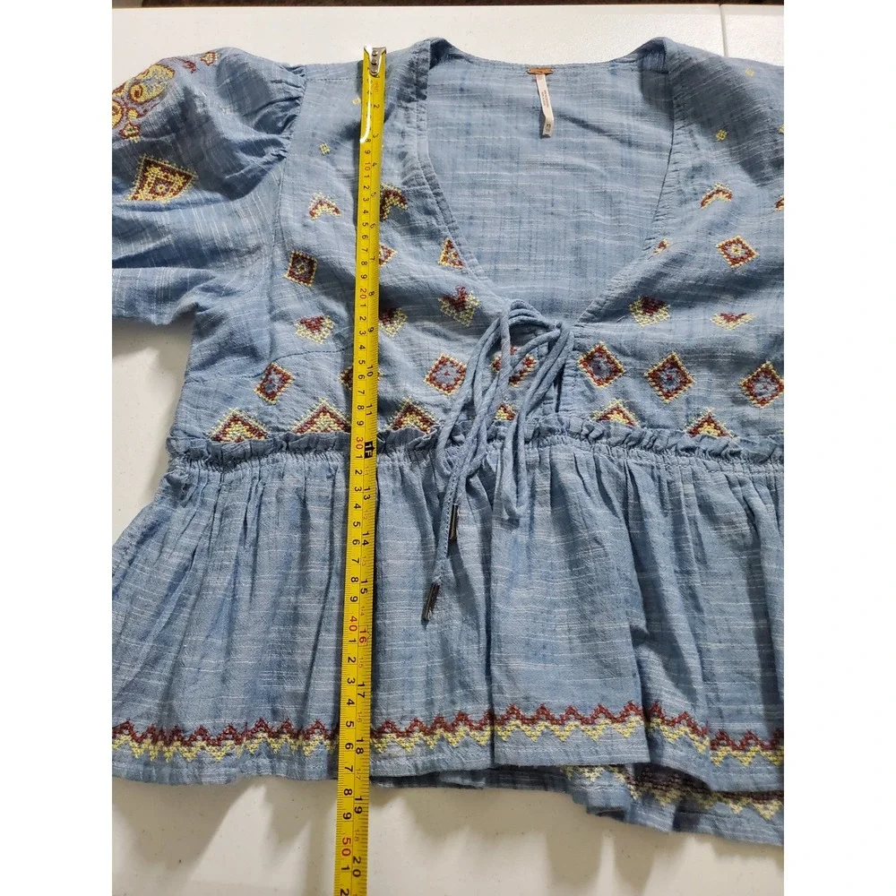 Free‎ People Tallulah Embroidered Chambray Peplum Top Blue XS Bohemian Tassel